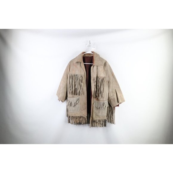 Vintage 60s Large Thrashed Western Festival Fringed Suede Leather Jacket USA